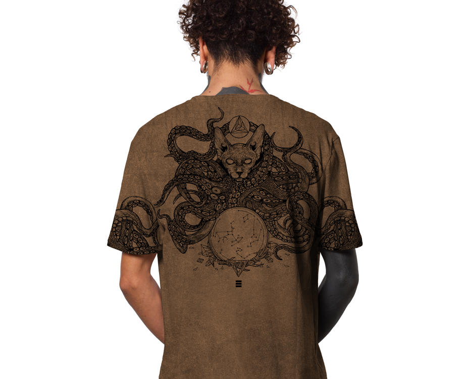 psychedelic octopus t-shirt in camel 